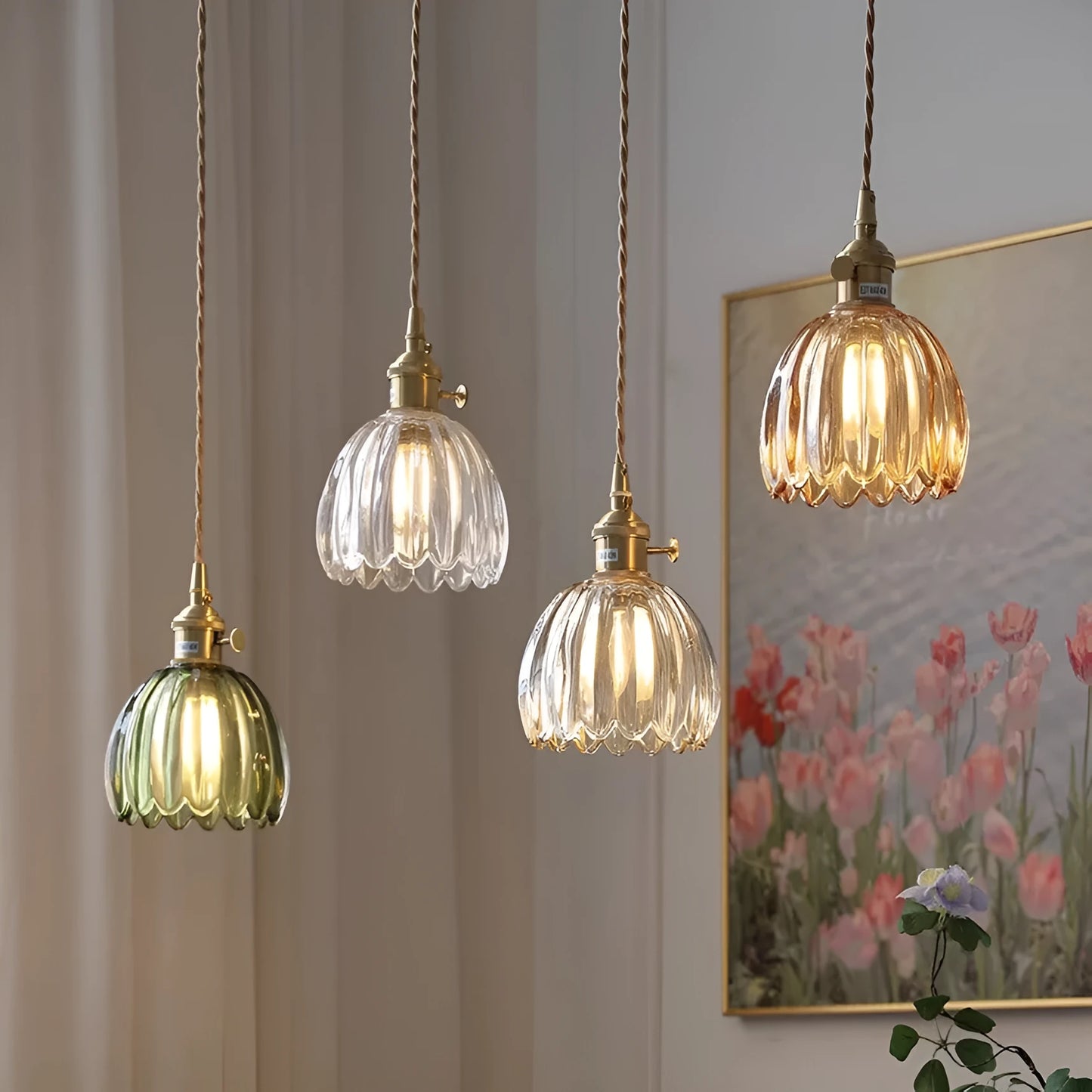 Nordic style glass flower chandelier in bedroom setting with multiple colour options