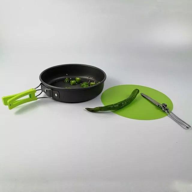 Lightweight folding outdoor cookware set for camping and hiking, includes pot, pan, teapot, and tableware