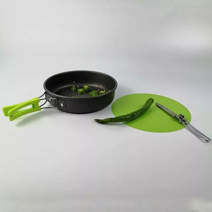 Lightweight folding outdoor cookware set for camping and hiking, includes pot, pan, teapot, and tableware