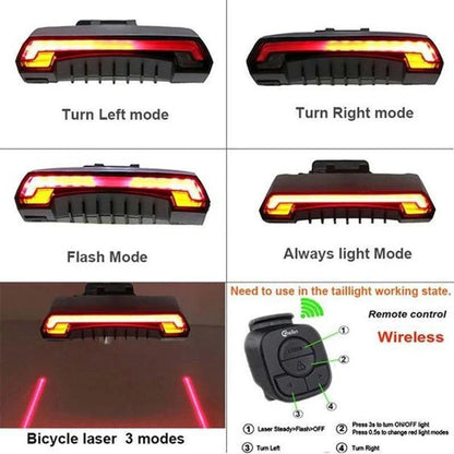 Brilliant bicycle tail light with wireless remote control, turn signals, and ground lane projection for enhanced visibility and safety