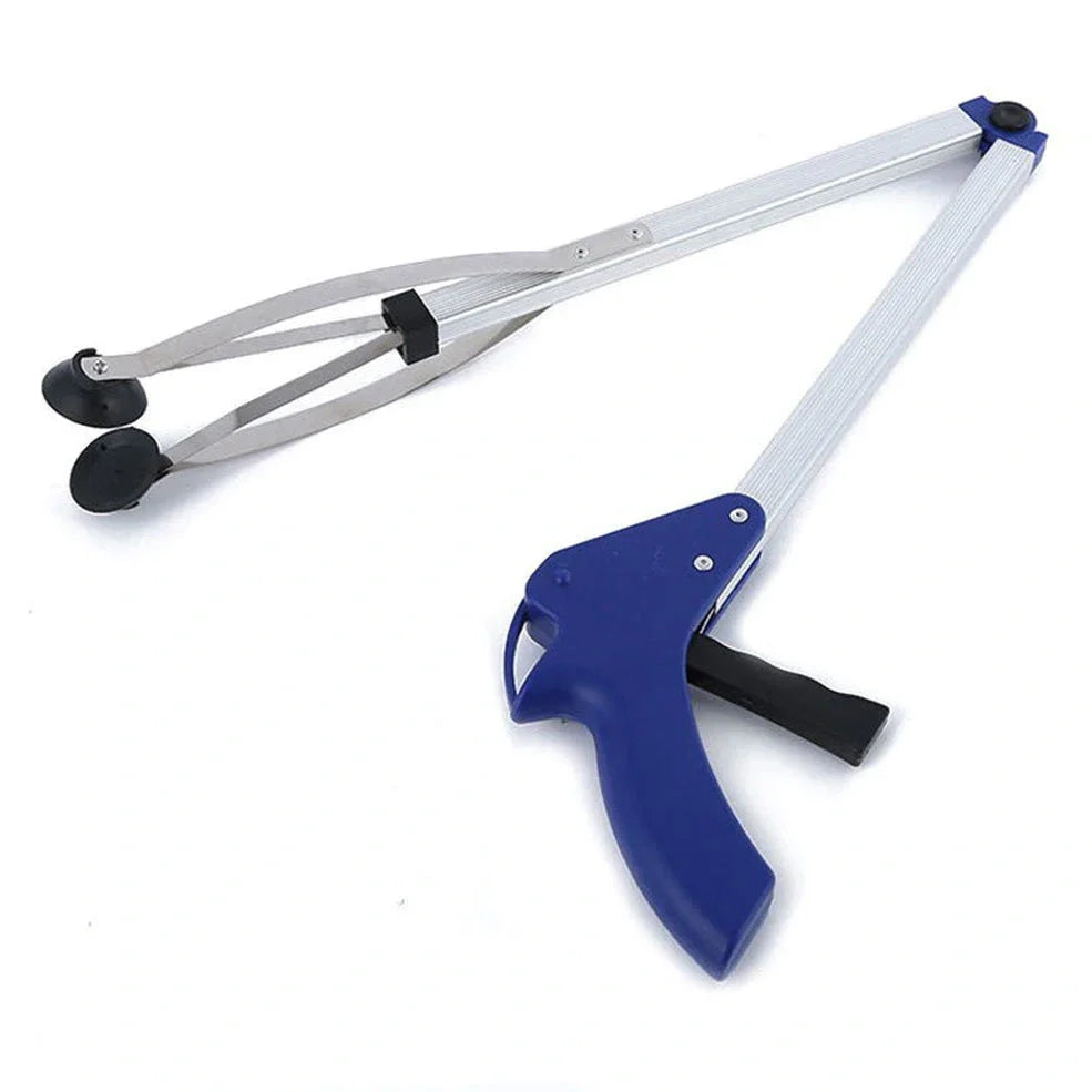 Blue aluminium folding grabber tool extended to 81cm with 8cm jaw opening showing rubber chuck