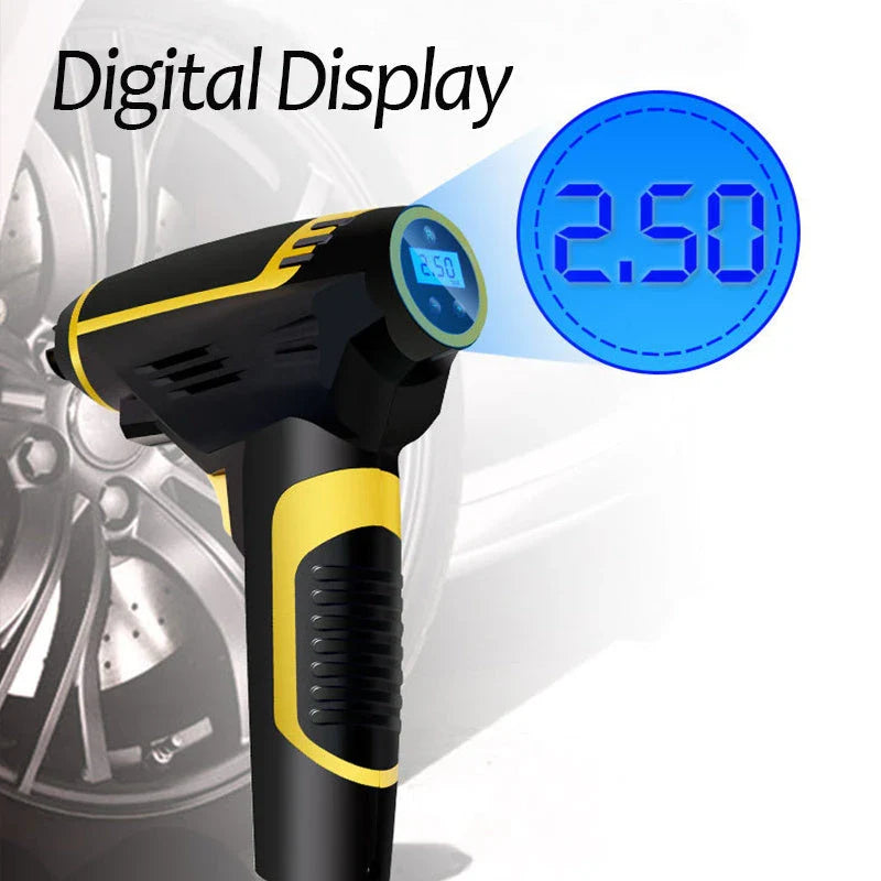 Powerful portable 12V digital air compressor for inflating tires, sports equipment, and more with automatic shut-off to prevent over-inflation