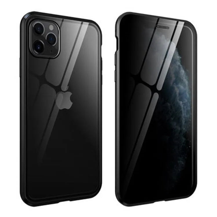 Anti-peep double-sided magneto flip case for iPhone with metal frame and tempered glass.
