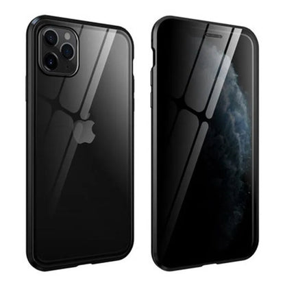 Anti-peep double-sided magneto flip case for iPhone with metal frame and tempered glass.