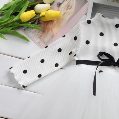 Baby girl's long sleeve black tutu lace dress with lace trim, shown on a hanger.