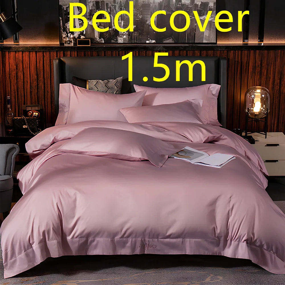 Four-piece quilted cotton bed set in royal blue, showing 200x230 cm cover and 48x74 cm pillowcases for 1.5m bed