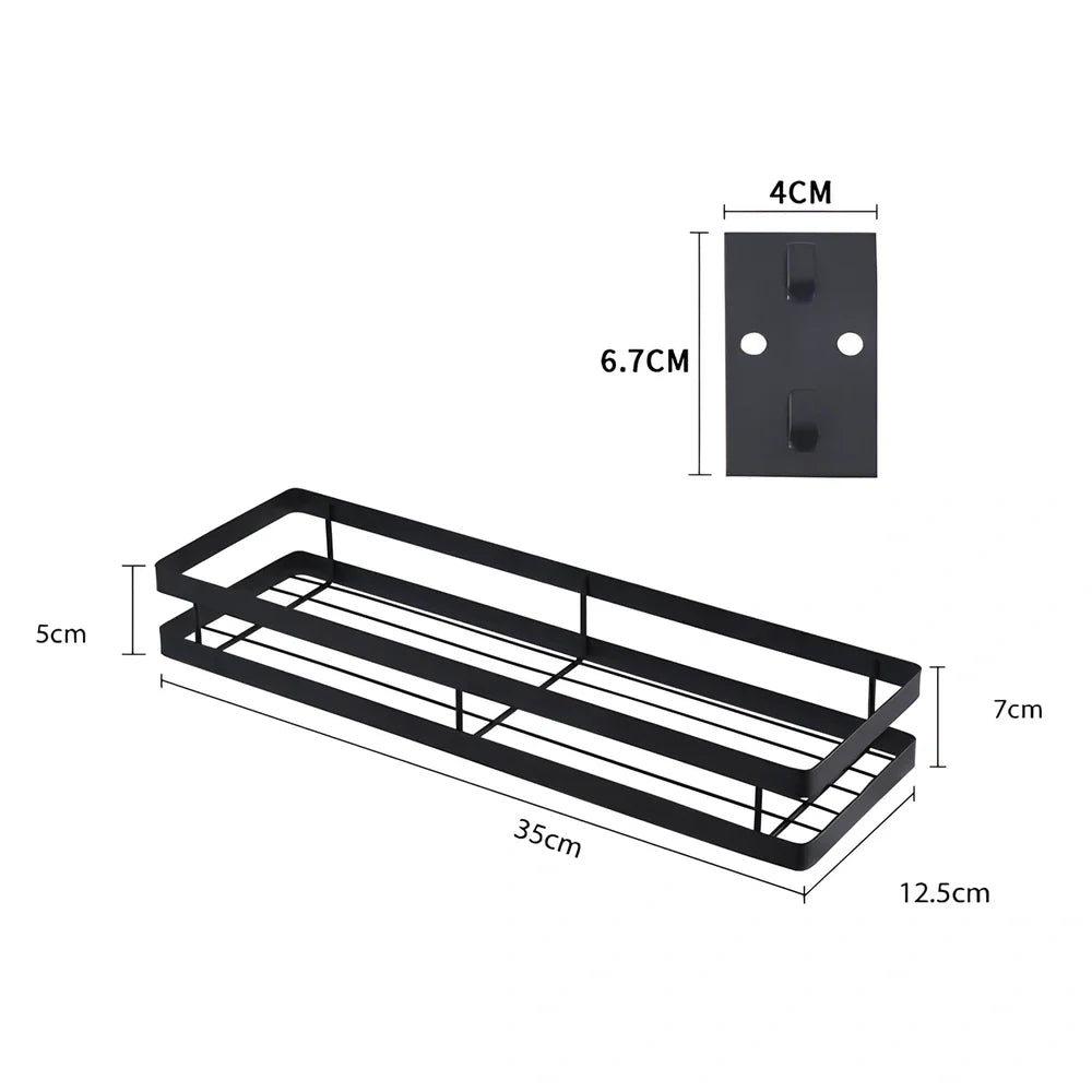 Metal kitchen wall storage shelf holding spice containers and pepper seasoning sprayers in six size options from 20cm to 50cm