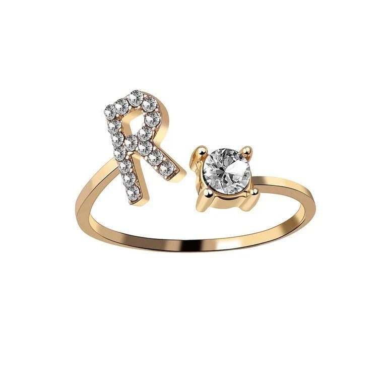 Personalized Initial Letter Adjustable Ring made of copper alloy and zircon, showcasing a vintage-inspired design