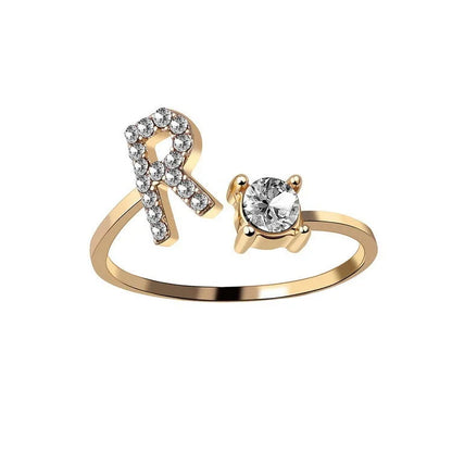 Personalized Initial Letter Adjustable Ring made of copper alloy and zircon, showcasing a vintage-inspired design