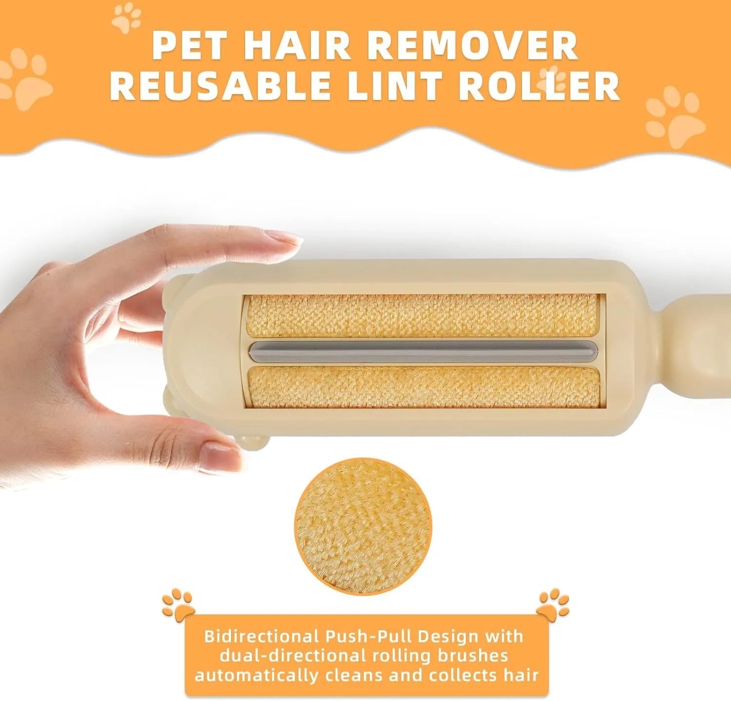 Blue pet hair remover with self-cleaning base rolling on a sofa to remove dog fur