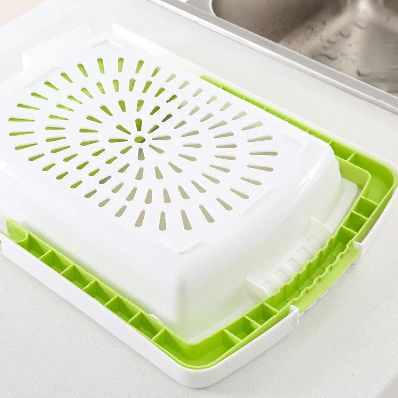 Versatile plastic cutting boards in gray, blue, and green colors with a stacking design for convenient storage