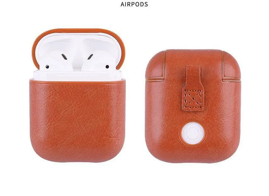 Genuine leather AirPods protective case in black with visible charging cable storage pocket