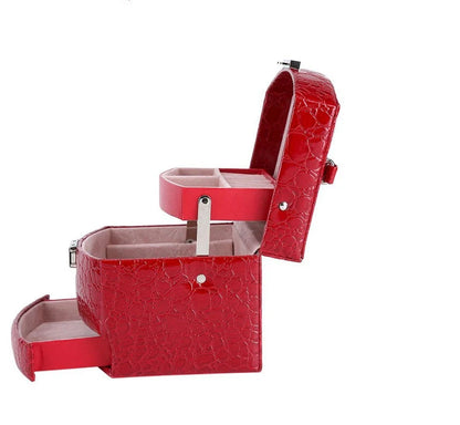 3-layer leather jewelry box with mirror for makeup and accessory organization
