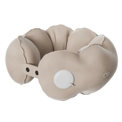 Cartoon cloud bubble coloured U-shaped portable travel neck pillow shown compressed and packed.