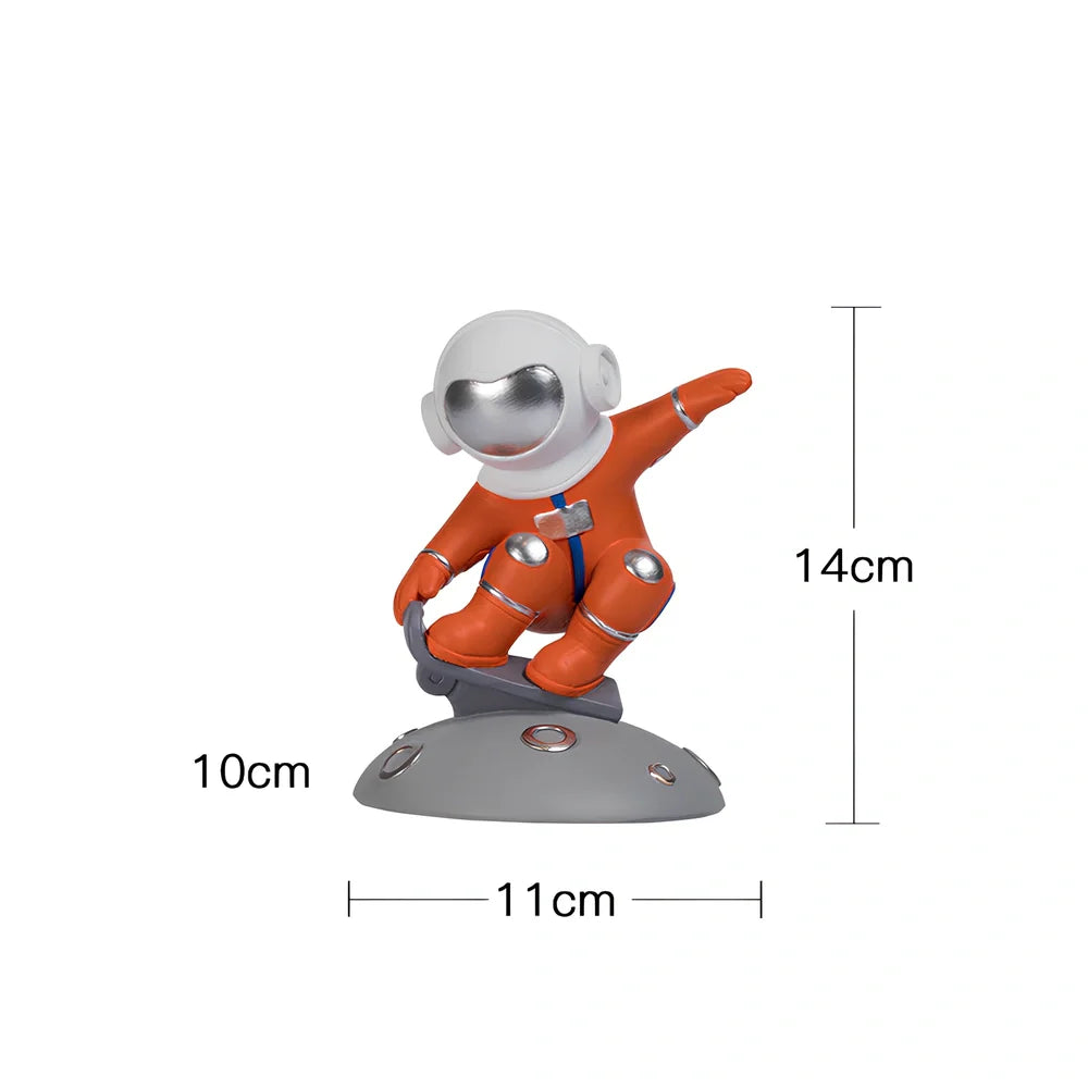 Hand-carved resin astronaut decoration in red or white with handstand, meditate, or skateboard poses