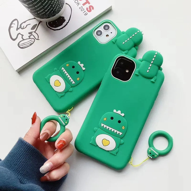 Green silicone iPhone case with animal cartoon design showing drop and waterproof protection features
