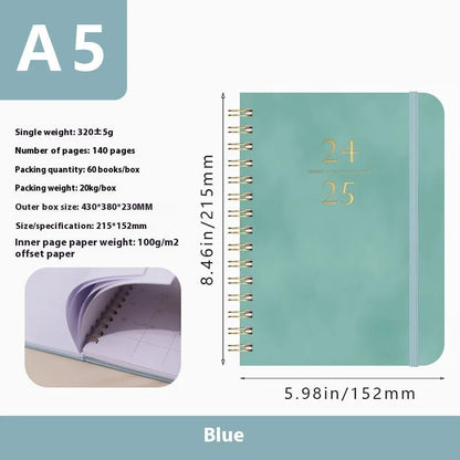 A5 size PU leather notebook with metal coil binding in a choice of colours including black, blue, and brown.