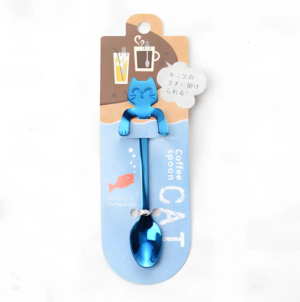 Stainless steel coffee spoon with cartoon cat handle design showing 11.7cm measurement scale