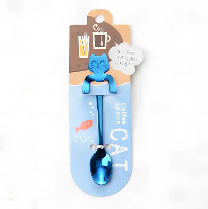 Stainless steel coffee spoon with cartoon cat handle design showing 11.7cm measurement scale