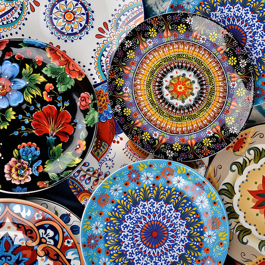 Underglaze ceramic bowl with Bohemian floral pattern in blue mandarin duck design, 8 inch diameter