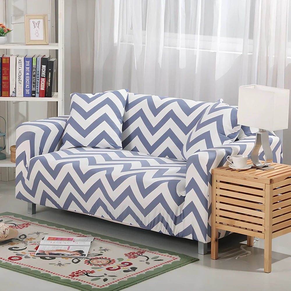 Elastic sofa cover with stripe pattern stretched over 3-seat sofa in living room setting