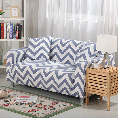 Elastic sofa cover with stripe pattern stretched over 3-seat sofa in living room setting