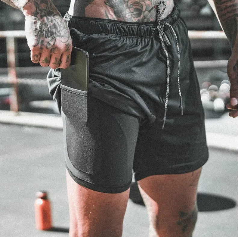 Pocket compression shorts in nylon, moisture-wicking and quick-drying, available in multiple colours and sizes S to 3XL.