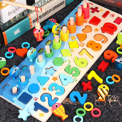Colorful educational wooden toys for kids, featuring interactive games like math, counting, and shape matching to promote early childhood development