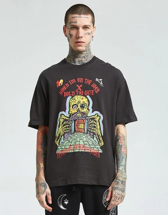 Men's frayed printed short sleeve cotton top in dark grey, loose round neck design, sizes M L XL