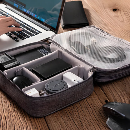 Gray waterproof electronics organiser bag open showing double-layer compartments with elastic loops and mesh pouches
