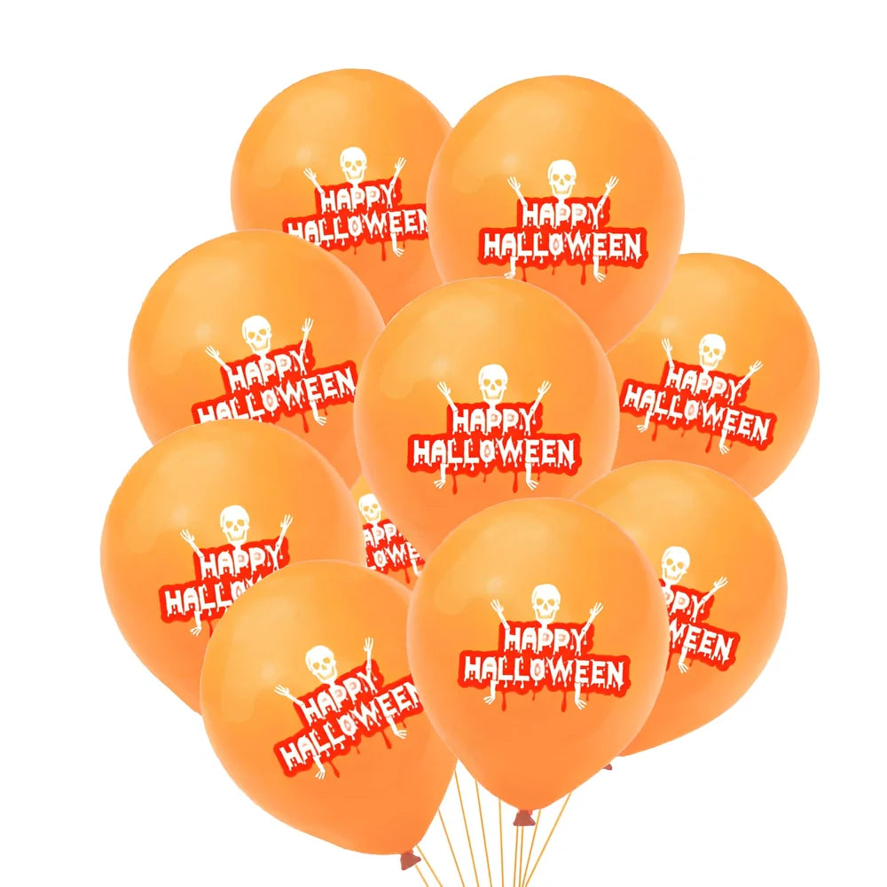 Halloween balloon decoration set with 10 printed latex balloons showing ghost and skeleton designs