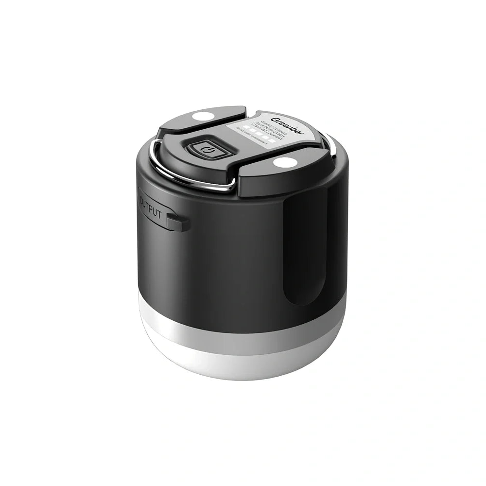 Compact black silver LED camping tent light, 78x67mm with 7200mAh battery and waterproof design for outdoor use
