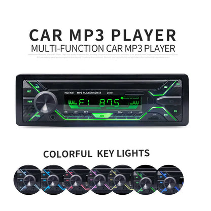 Car stereo MP3 player with Bluetooth, USB port, TF card slot, and digital display