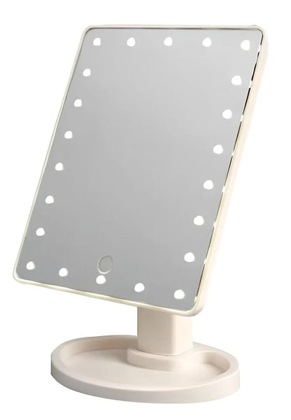 Portable tabletop cosmetic mirror with LED lights around edge, showing 360-degree rotation capability