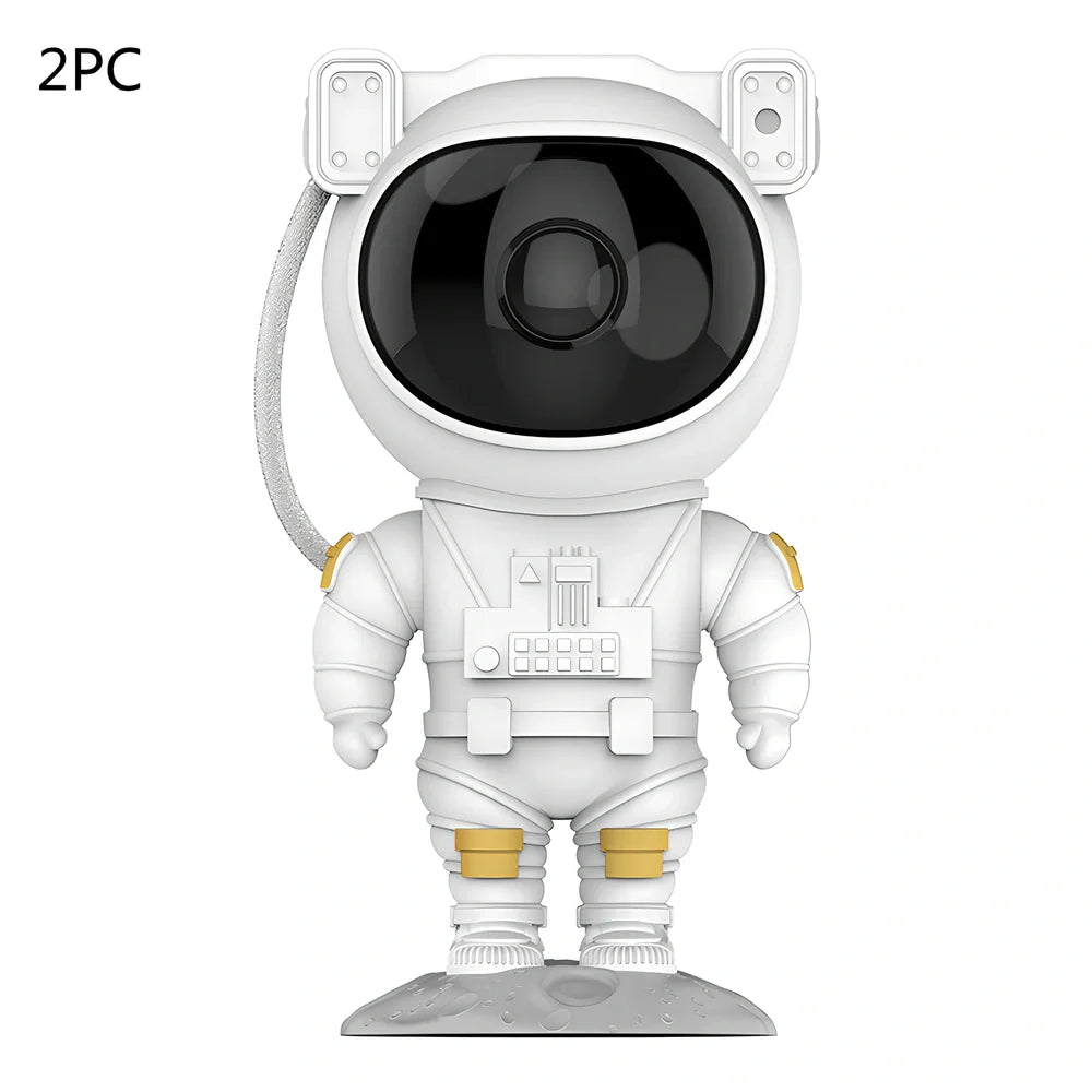 Astronaut-themed galaxy projector with adjustable nebula effects on table showing starry sky projection