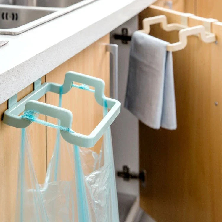 Eco-friendly over-the-door trash bag holder in various colors for organized kitchen storage