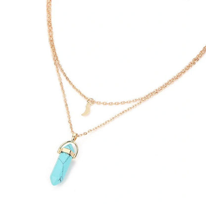 Stylish double moon natural stone pendant necklace with adjustable chain, available in multiple colors.