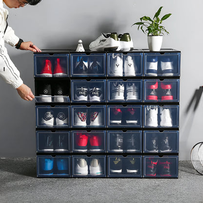 Foldable PP sneaker storage box with cover, internal size 32.5x23x17.5cm, black or transparent, stackable shoe organiser