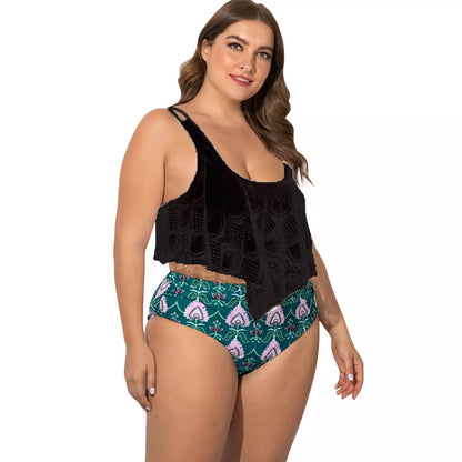 Plus size split swimsuit for women in various colors and patterns, chlorine-resistant fabric