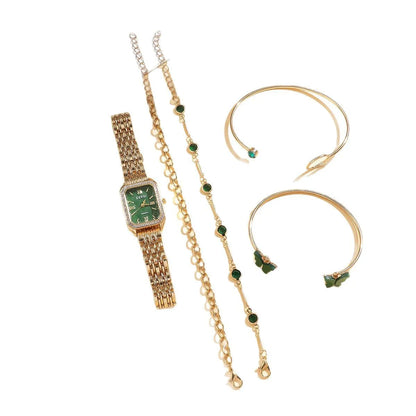 Gold green square women's watch with four matching butterfly bracelets, alloy case, 25mm dial