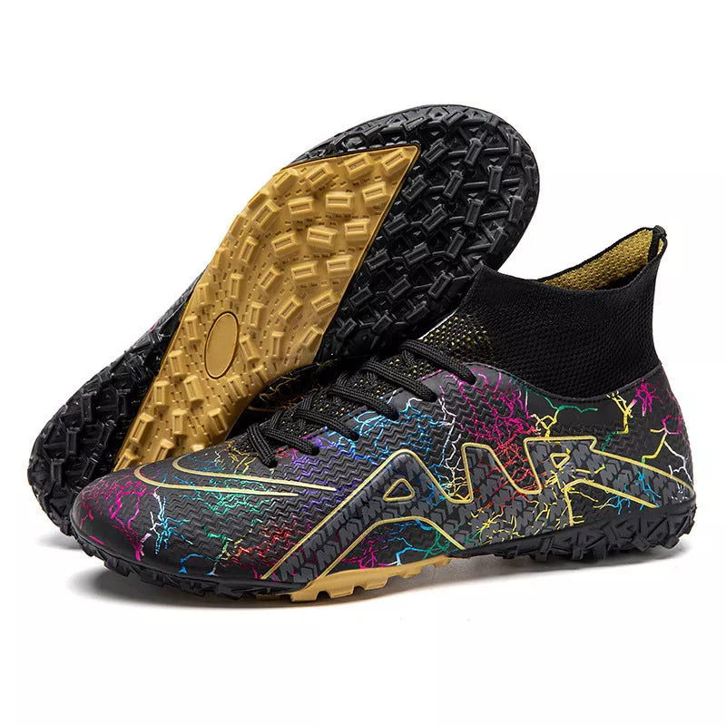 High-top Soccer Spike Special Shoes in black gold, white orange, and orange colors