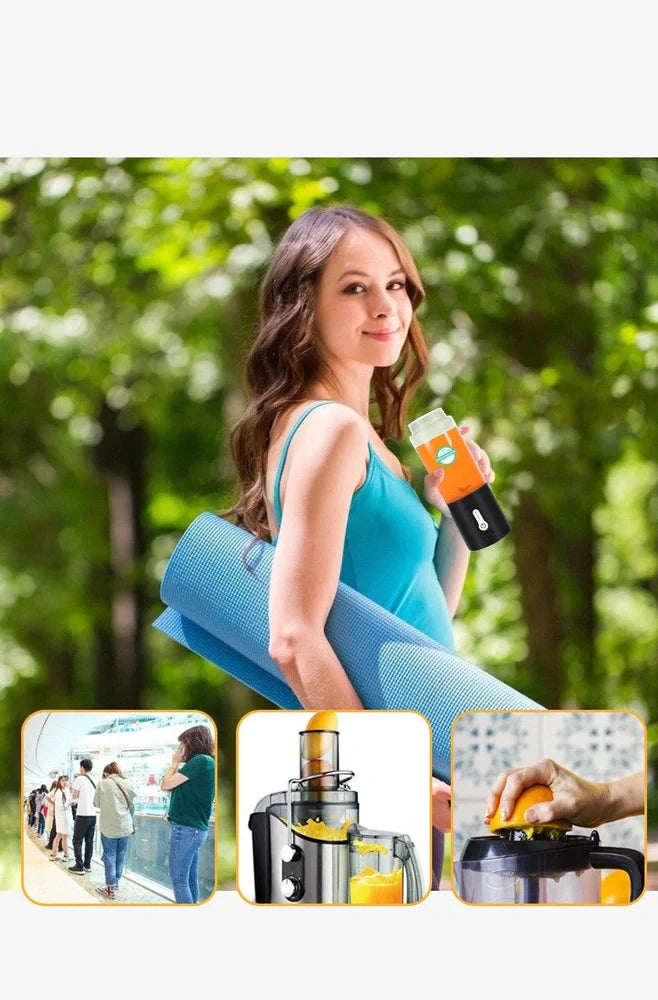 Black portable juicer with 530ml cup, USB charging port, and round feeding port for whole fruits
