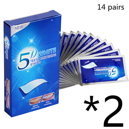 5D Gel Teeth Whitening Strips package showing flexible strips that mould to teeth with no-slip grip