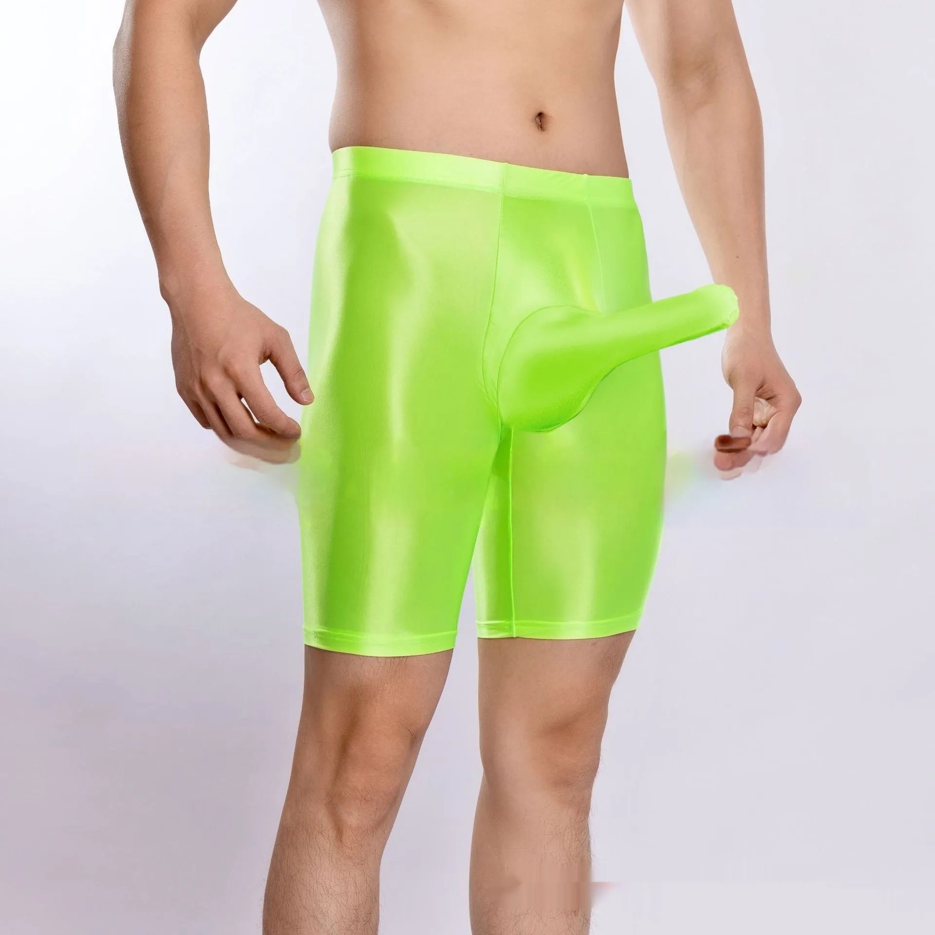 Men's plus size shiny silky nylon sports shorts displayed in multiple colours.
