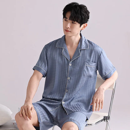 Men's artificial silk pyjama set with cardigan top and short trousers in a satin jacquard pattern.