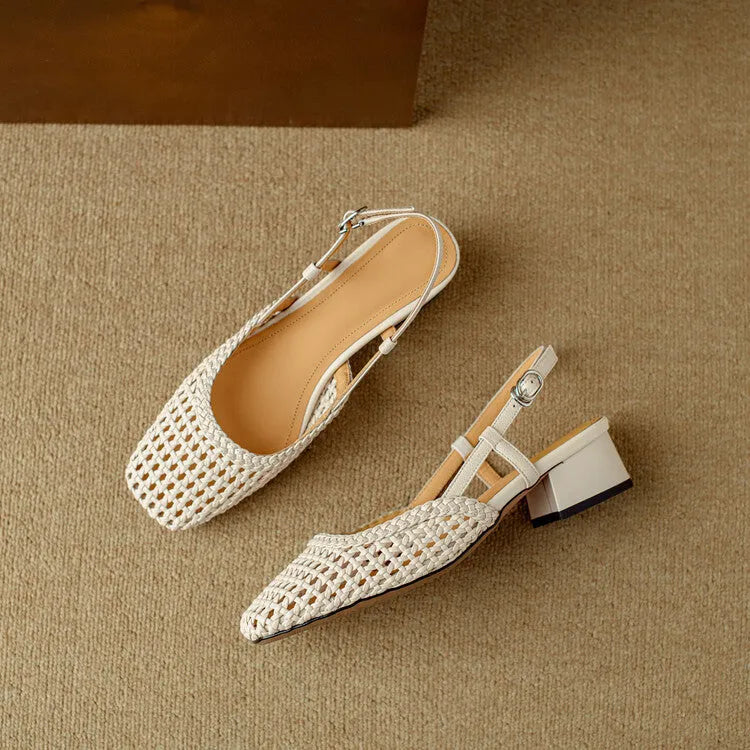 Women's woven hollow-out closed toe sandals with buckle strap and chunky heel
