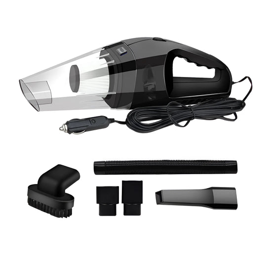 12V portable car vacuum cleaner in orange colour with power cord and interchangeable nozzles