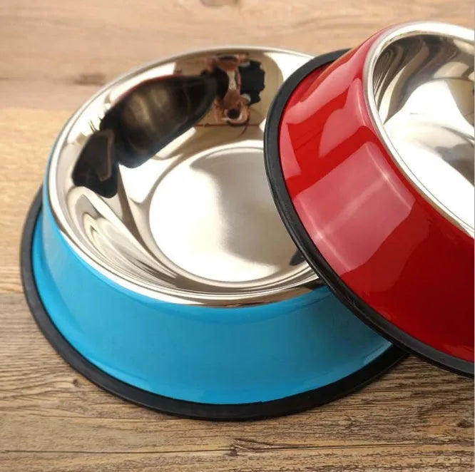 Stainless steel pet bowl with colourful melamine exterior in various sizes with non-slip rubber base