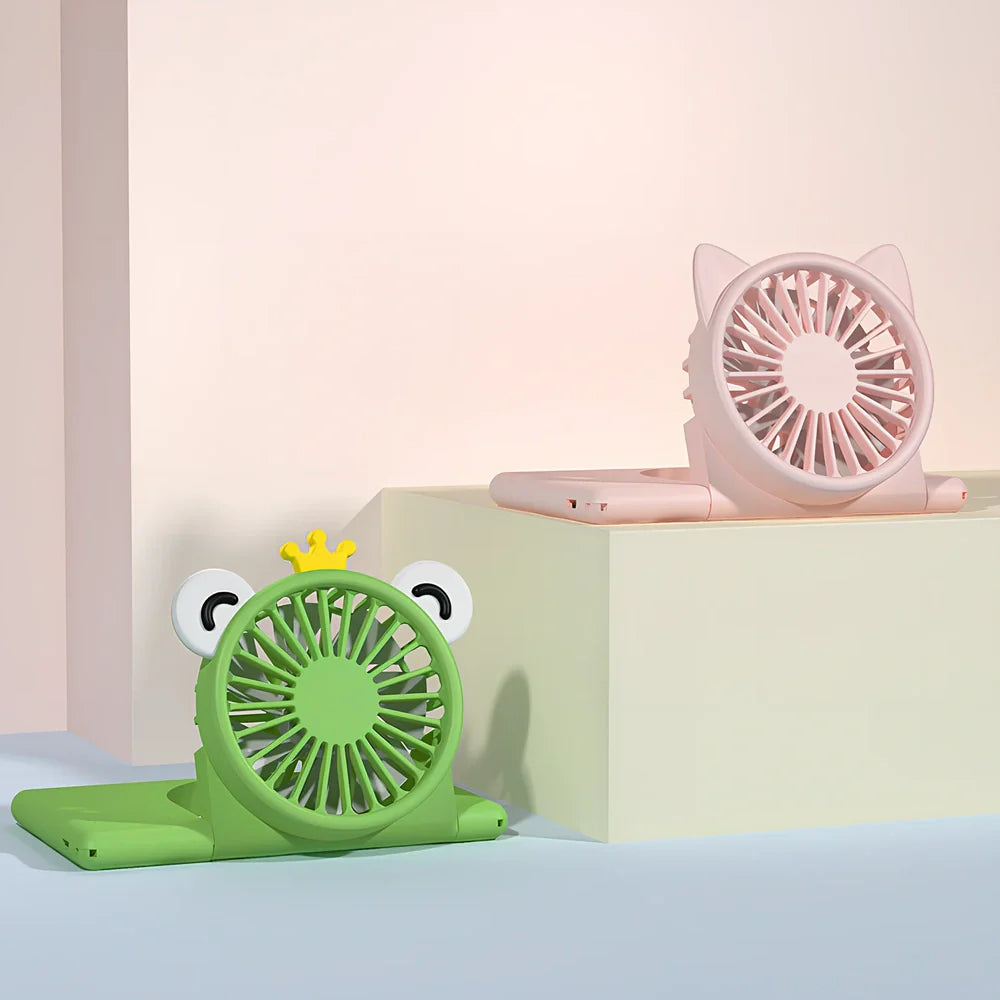 Green and pink neck fan with card design, 120x75x22.5mm dimensions, USB charging port