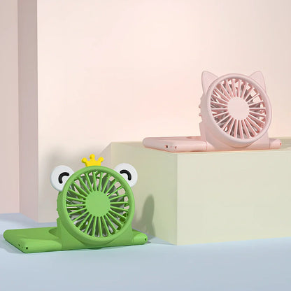 Green and pink neck fan with card design, 120x75x22.5mm dimensions, USB charging port